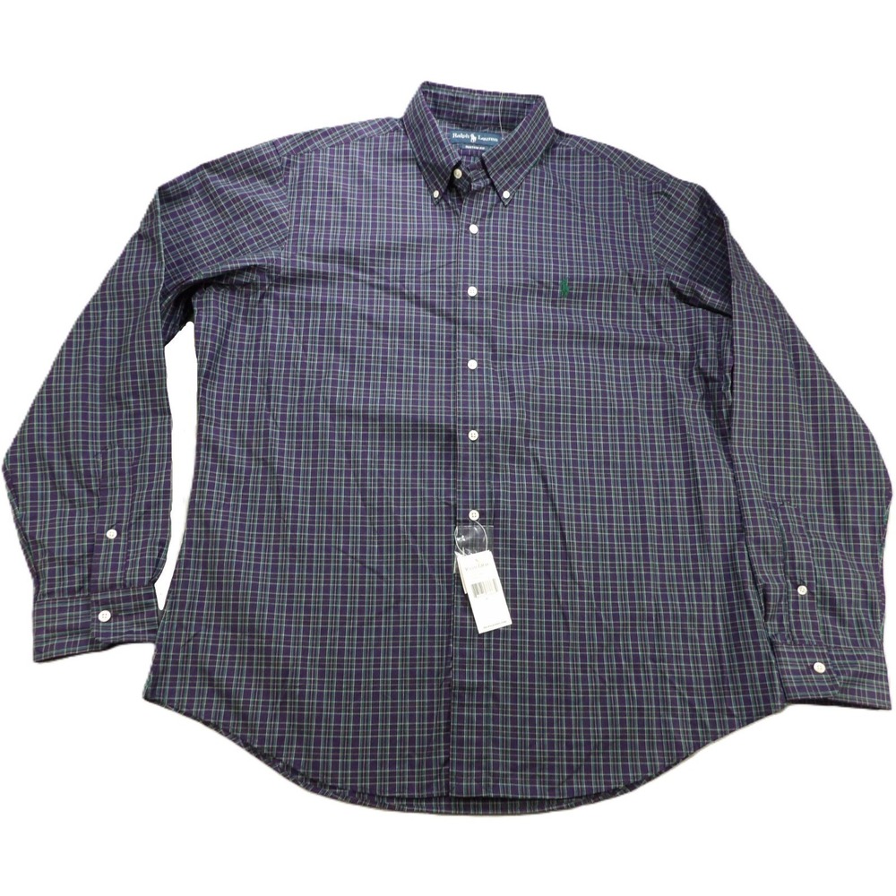 NWT Ralph Lauren Custom Fit Plaid Shirt Men XL BD LS Cotton Green Pony Button